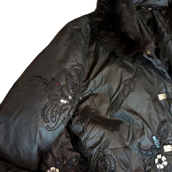 Embellished sequin embroidery faux fur trim black Warm Jacket Todd Smith  Sz M - Picture 8 of 13